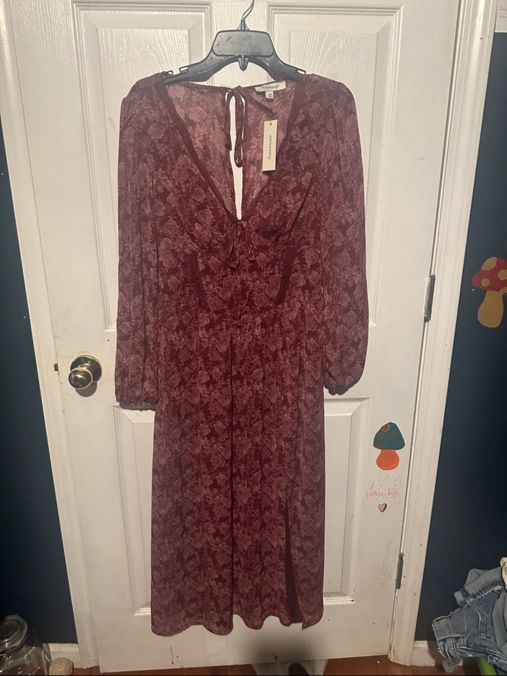 Francesca's Collections Burgundy Floral Long Sleeve Midi Dress